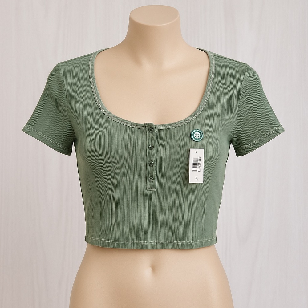 Aeropostale Women’s Cropped T-Shirt Ribbed Henley Olive Green Size Medium